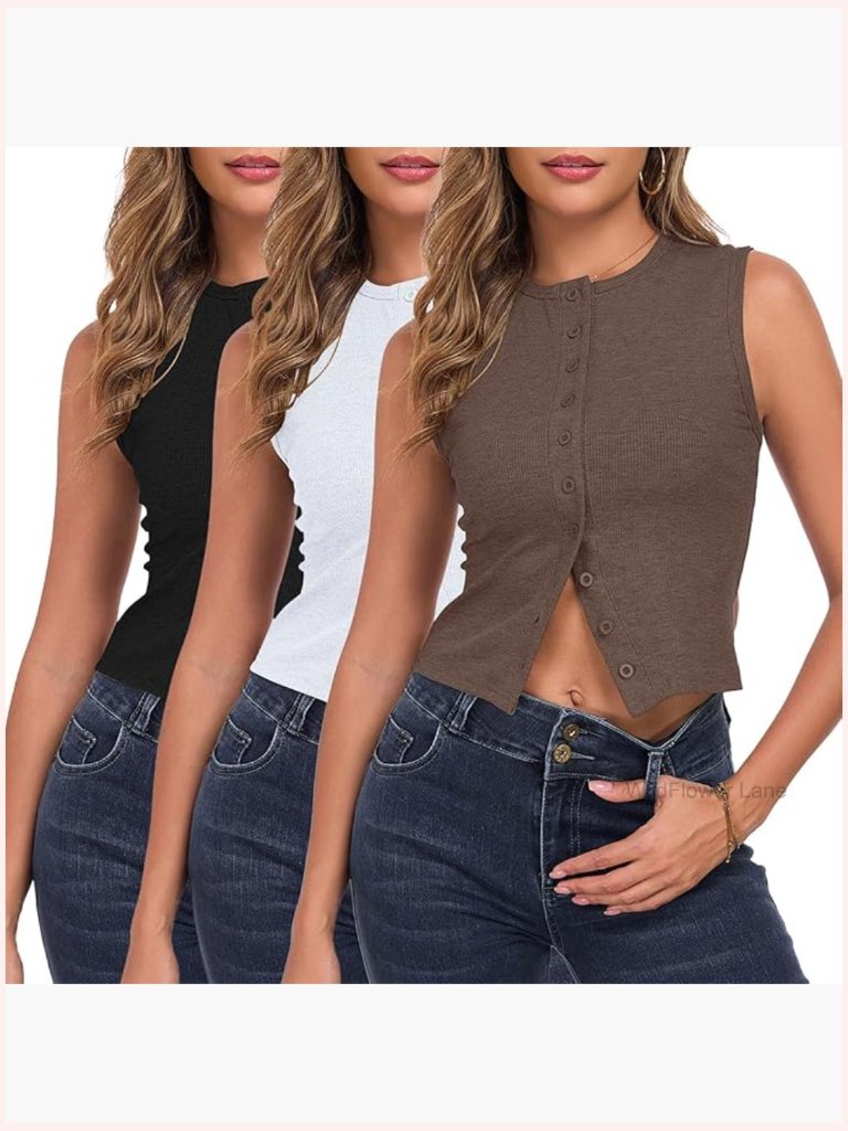 Womens Button Down Ribbed Tank Top Crop Sleeveless Y2k Going Out Summer Tee